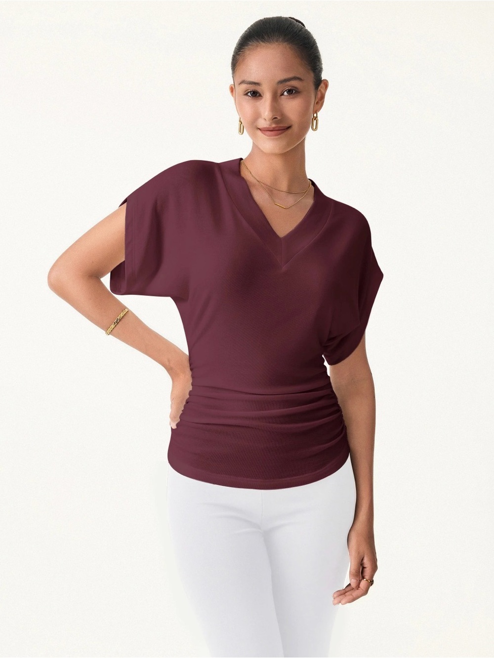 New OGL Semi-sheer Lyocell Cashmere Blend V-neck Short Sleeve Ruched Tee Large